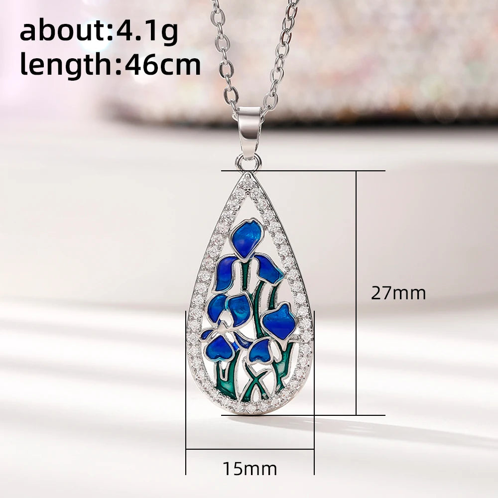 Huitan Elegante birnenförmige Damen-Anhänger-Halskette, blaue Blume, ästhetisches Hochzeits- und Party-Accessoire, eingelegter glänzender CZ, trendiger Schmuck