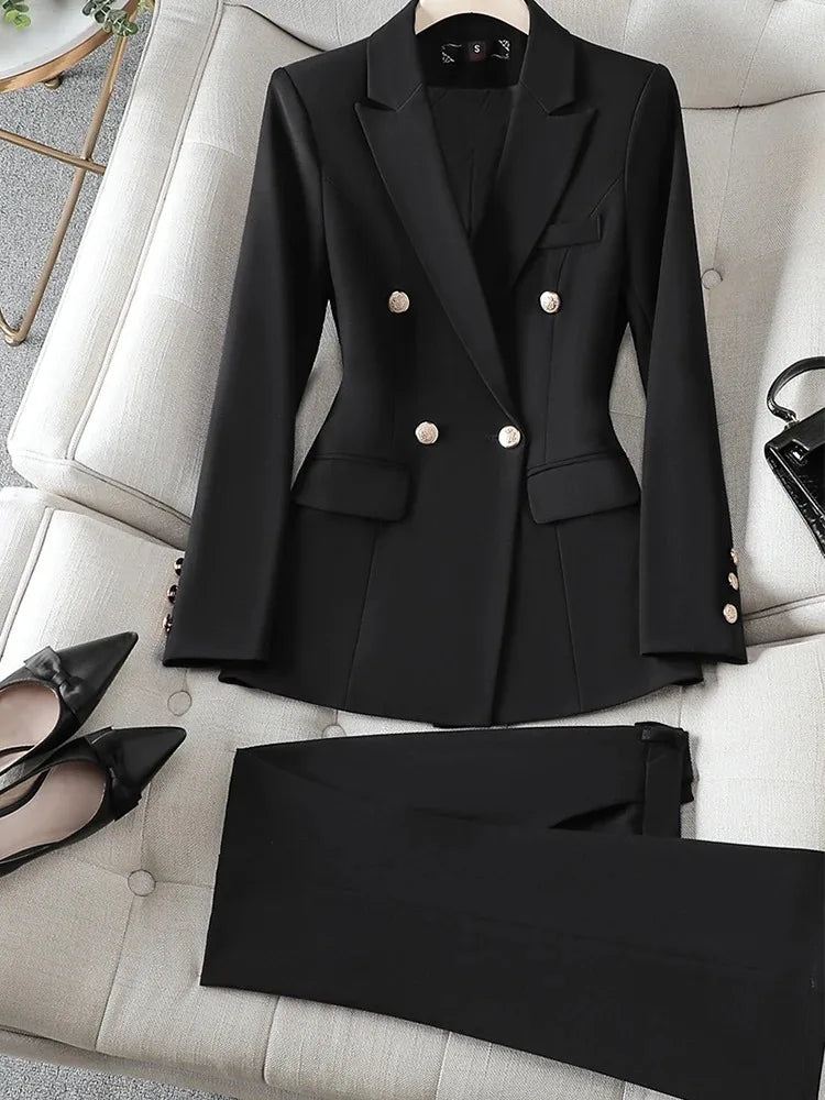 Marineblau-schwarzer modischer Damen-Hosenanzug, langärmliger, einfarbiger Damen-Blazer und Hose, formelles 2-teiliges Set für Herbst und Winter