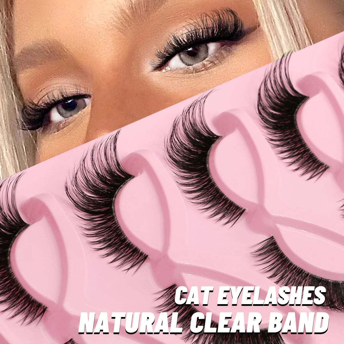 GROINNEYA Katzenaugen-Wimpern, 5 Paar, natürliche künstliche Wimpern, klare Band-Wimpern, natürliches, langes, geflügeltes Ende, längliche Wimpern, Make-up