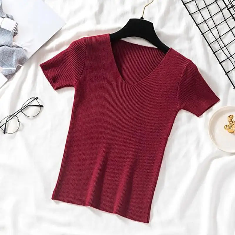 Sommer Frauen Gestrickte T-Shirts Kurzarm Shirts Pullover Tops Weibliche Elastische Dünne Beiläufige Stricken T Crop Tops frauen T-Shirts