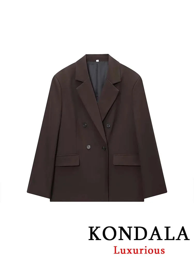 KONDALA Bürodame, schokoladenbraun, Damenanzüge, V-Ausschnitt, Doppelknopf, Blazer, Gürtel, Mini-Shorts, Rock, Mode, 2025, Vintage-Sets