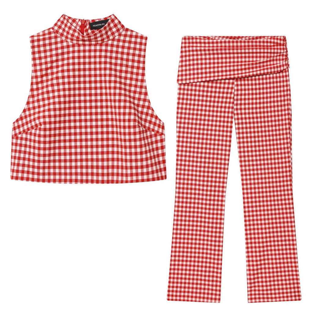 Europäischer und amerikanischer Stil Damenbekleidung neue Mode ärmelloses hochgeschlossenes kariertes kurzes Oberteil und Hosen-Set