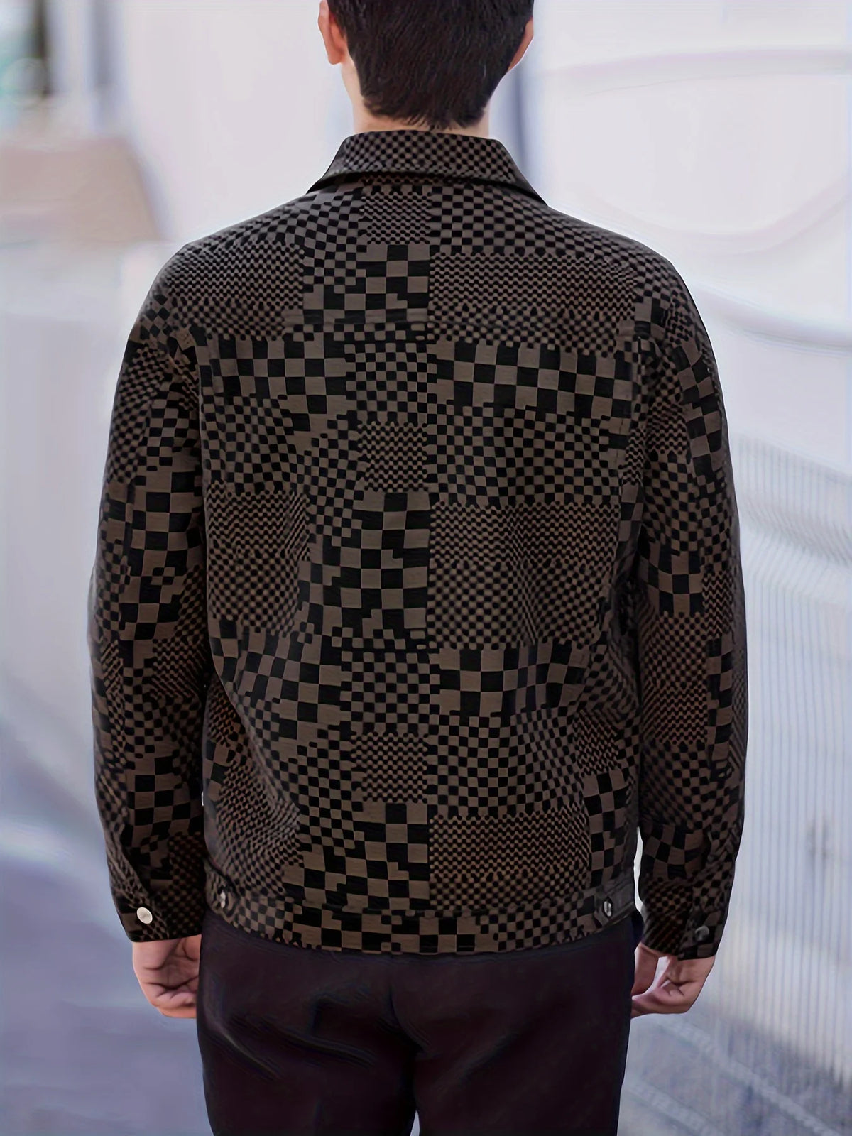 Herren Freizeitjacke mit Schachbrettmuster, Reverskragen, Langen Ärmeln und Vordertaschen - Warme Fleece-gefütterte Oberbekleidung für Herbst & Winter
