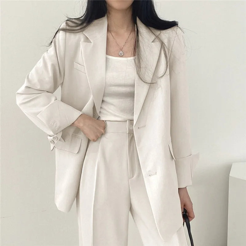Koreanisches Damenmode-Zweiteiler-Set, Langarm-Blazer und weit geschnittene Hose, Büro, Freizeit, lockerer Schnitt, Frühling, Herbst, neuer Stil