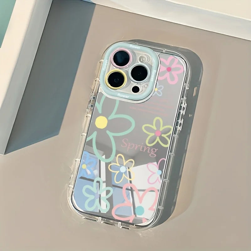 Neues Spiegeldesign Handyhülle für iPhone 16 17 15 14 13 11 12 Pro Max 16E 17E X XR XS 7 8 Plus Niedliche Dopamin-Blumen Weiche Schutzhülle