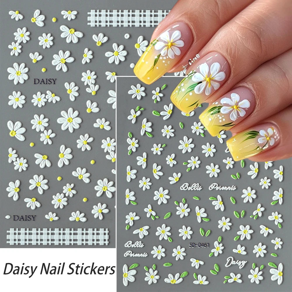5D süße weiße Gänseblümchen Nagelaufkleber Kawaii Blume grünes Blatt Gänseblümchen japanische Nail Art Dekorationen Abziehbilder DIY Maniküre Zubehör # 9