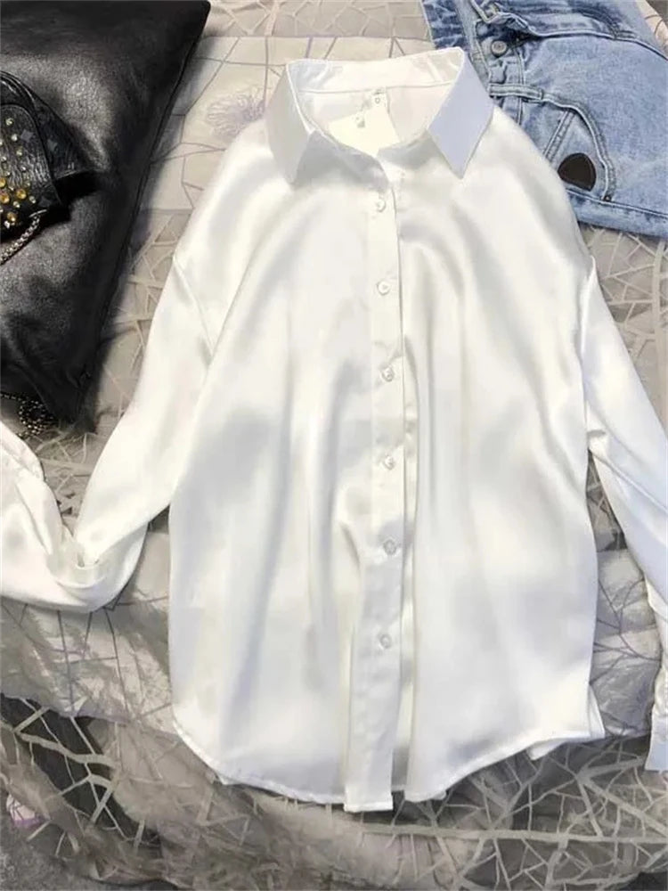 Casual Büro Dame Seide Blusen Herbst Langarm Button Up Hemd Frauen Elegante Winter Tops Büro Dame Acetat Bluse