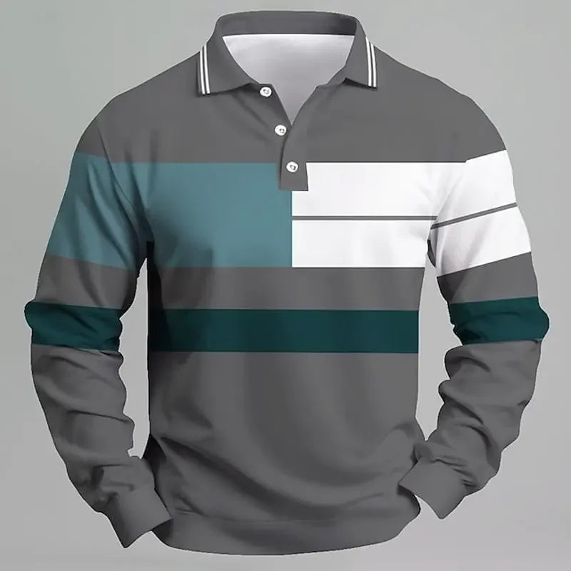 Herren Langarm-Poloshirt für Frühling und Herbst mit Kontrastfarben, Lässiger Schnitt, Sommer-Mode, Business-Stil