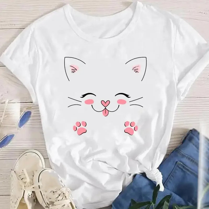 Frauen Dame Übergroßen T-shirt Tees Weibliche Koreanische Mode Sommer Kurzarm Cartoon Print Grafik Kleidung Tops Nette Katze Tier
