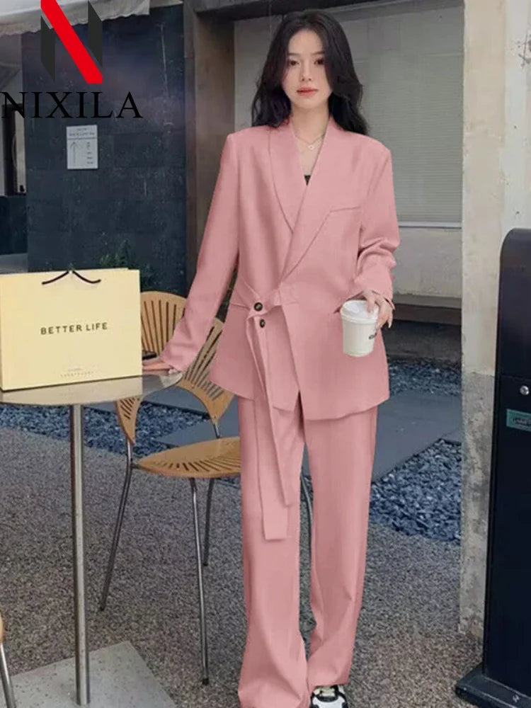 Frühling Herbst Damen Blazer-Hosen-Sets Mode Büro-Damen Lässige Weite Hosen Anzug-Set Damen Zweiteiler Damen-Outfits