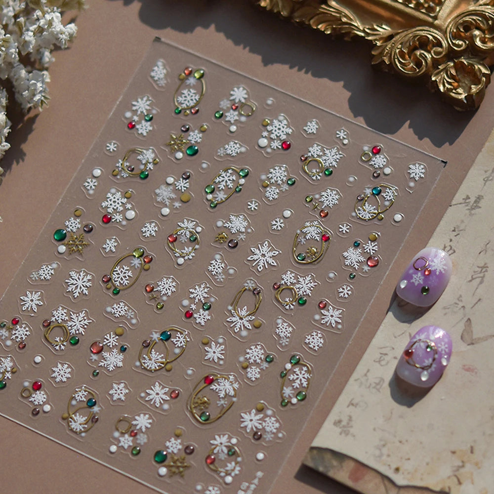 1 Stück 5D Dazzling Christmas Nail Art Aufkleber Gold/Rosa/Blau/Lila Weihnachtsbaum Schneekranz Nagelaufkleber Charmante Weihnachten Nageldeko