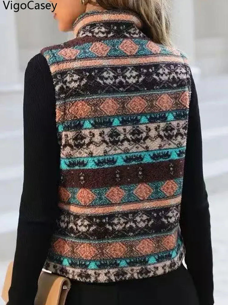 VigoCasey 2026 Lässige Bedruckte Reißverschluss-Weste Damen Ärmellose Warme Plüsch-Weste Herbst Winter Kurze Westenjacke