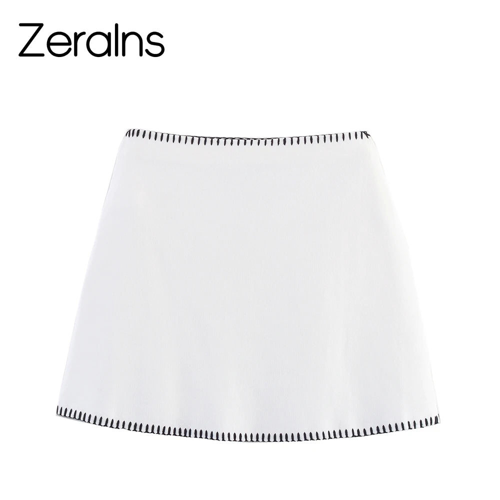 ZERAINS Damen Herbst Neue Kollektion Farbkontrast Gesticktes Rundhals-Strickhemd Gestricktes Halbrock-Set