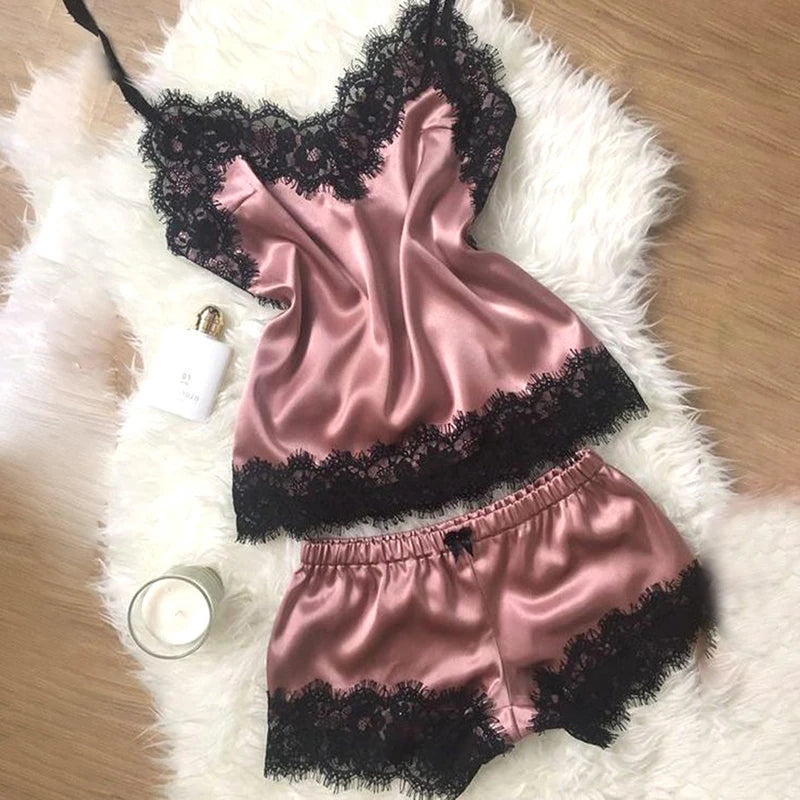 Mode Nachtwäsche Spitzen besatz Satin Cami Top Pyjama Sets sexy heiße erotische Home Wear Frauen Pyjamas Frauen Nachtwäsche ärmellosen Riemen