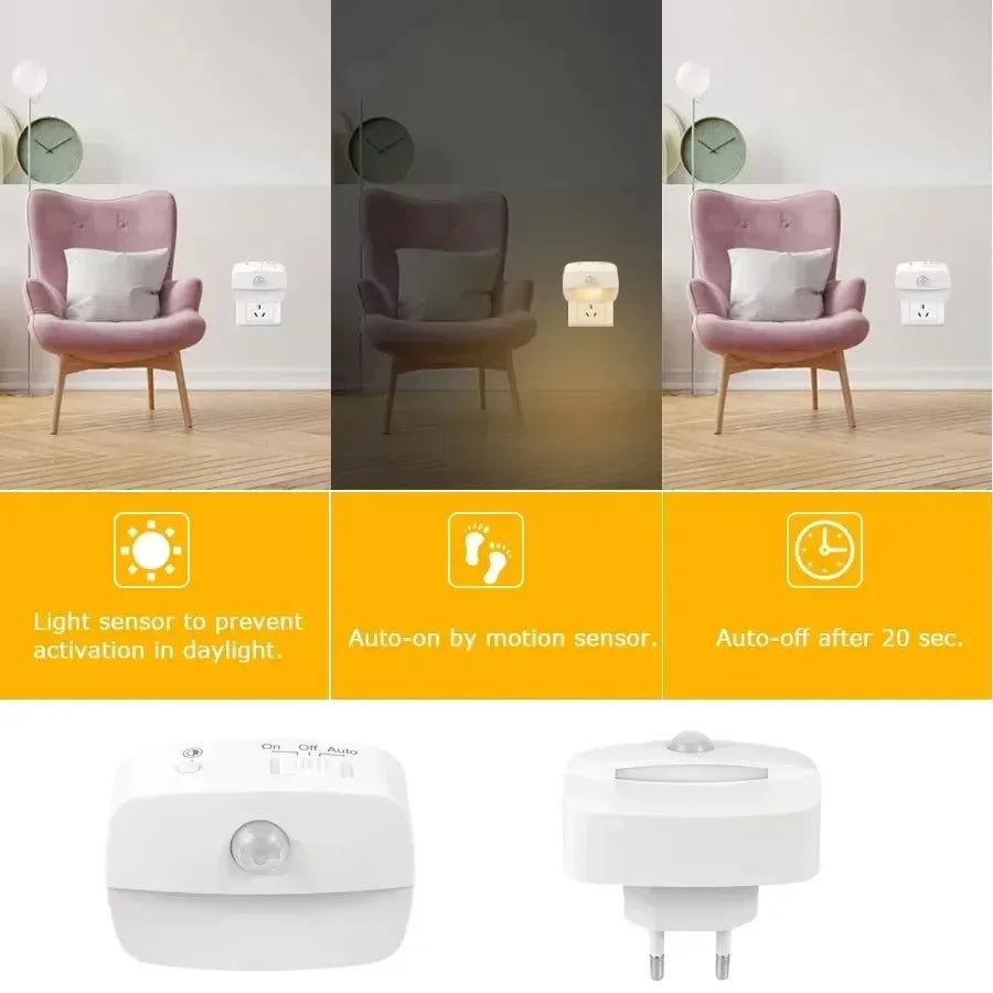 1/2/4 Stück LED-Nachtlicht, US-EU-Stecker, Bewegungsmelder, 220 V, 110 V, Wandleuchte für Zuhause, Flur, Treppe, Küche, Schlafzimmer, Nachtlampe