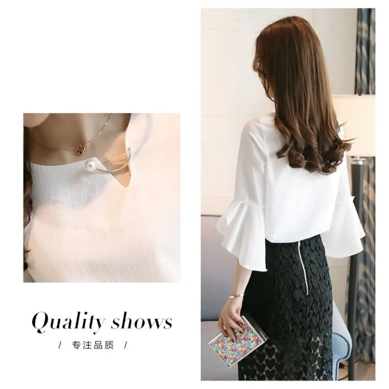 Frauen Chiffon Rüschen Bluse Flare Hülse Hemd Frauen Rundhals Casual Frauen Sommer Tops Und Blusen