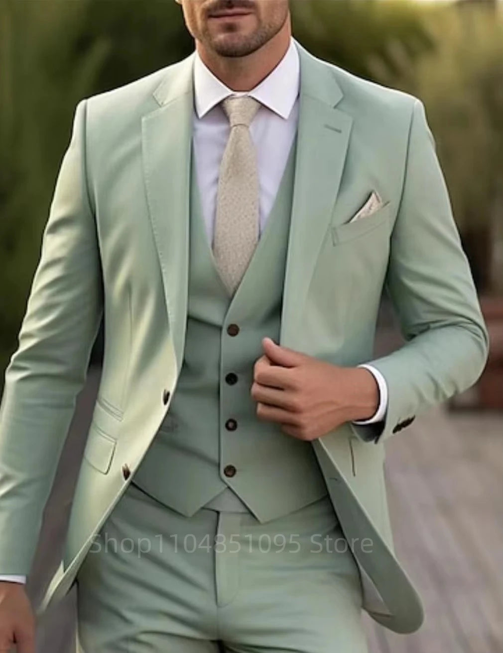 Neueste Matcha-grüne formelle Herrenanzüge, schmale Passform, eleganter Bräutigam-Smoking, Business-Party-Anzüge, 3-teiliges Set (Jacke + Weste + Hose)