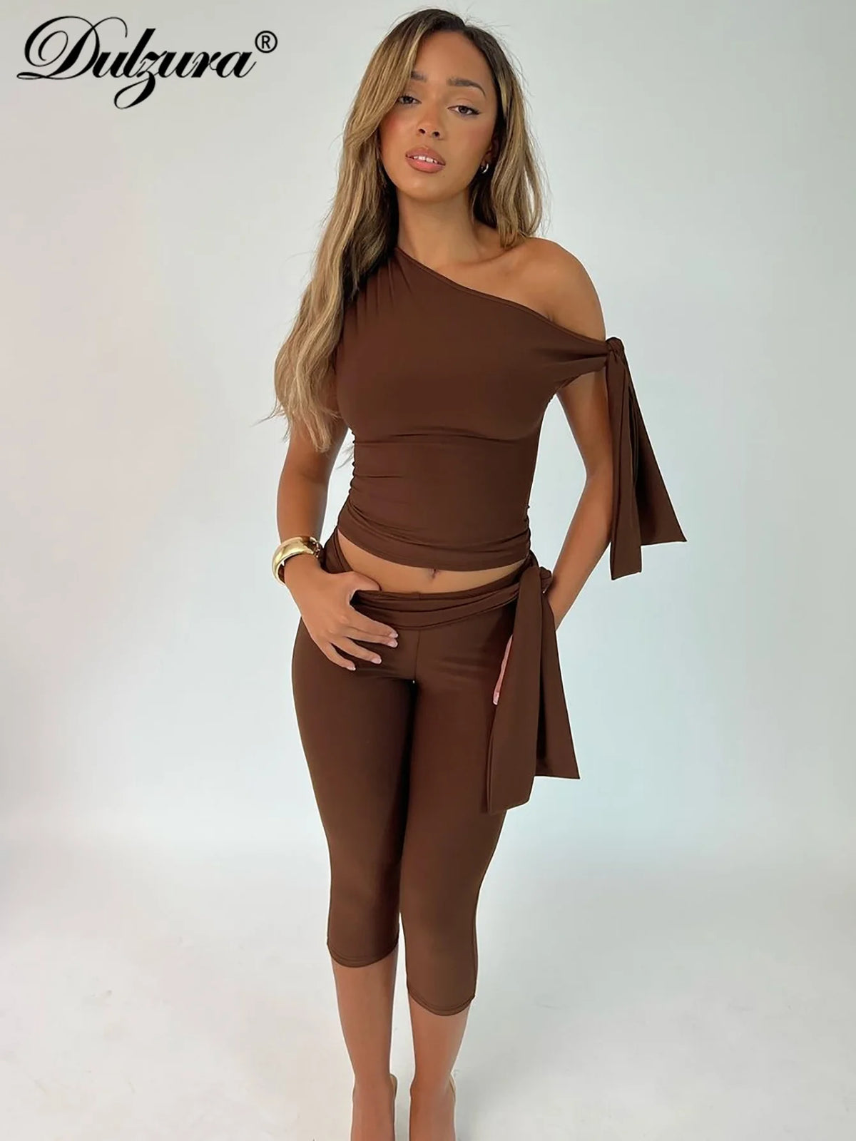 Dulzura Sexy elegantes 2-teiliges Shorts-Set mit Schnürung, diagonaler Kragen, ärmelloses, figurbetontes Crop-Top und Shorts, passendes Set für Party, Club