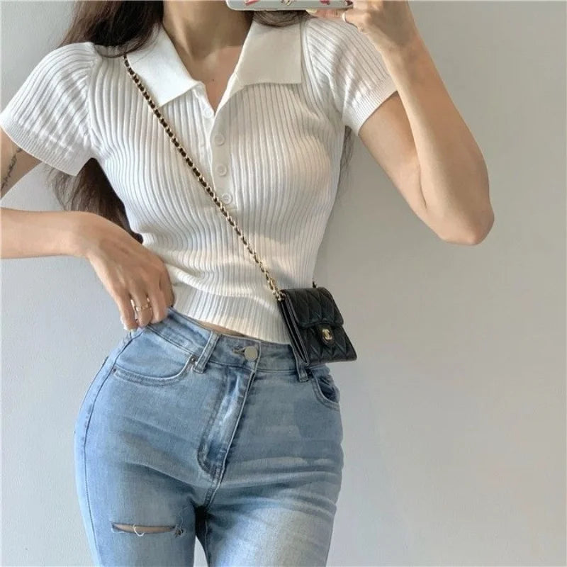 Neues Polo Damen T-Shirt Geripptes Strick-Oberteil Sexy Sommer Basic Shirts Figurbetontes Slim Casual Kurzarm-Top Damen-Oberteil Weiß Schwarz