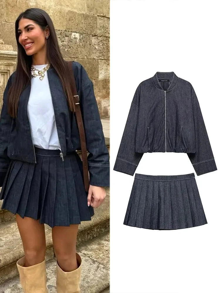 HH 2025 Damenmode Jeansjacke Freizeitjacke Set Sommer Hohe Taille Falten Minirock 2-teiliges Set Damen Streetwear