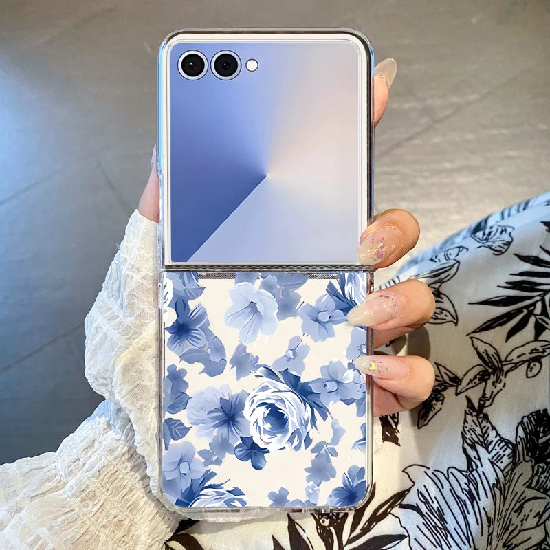 Blaue Blumen Muster Handyhülle für Samsung Galaxy Z Flip 7 FE 6 5 4 3 5G Hard PC Transparent Folding Cover für Samsung Z Flip7
