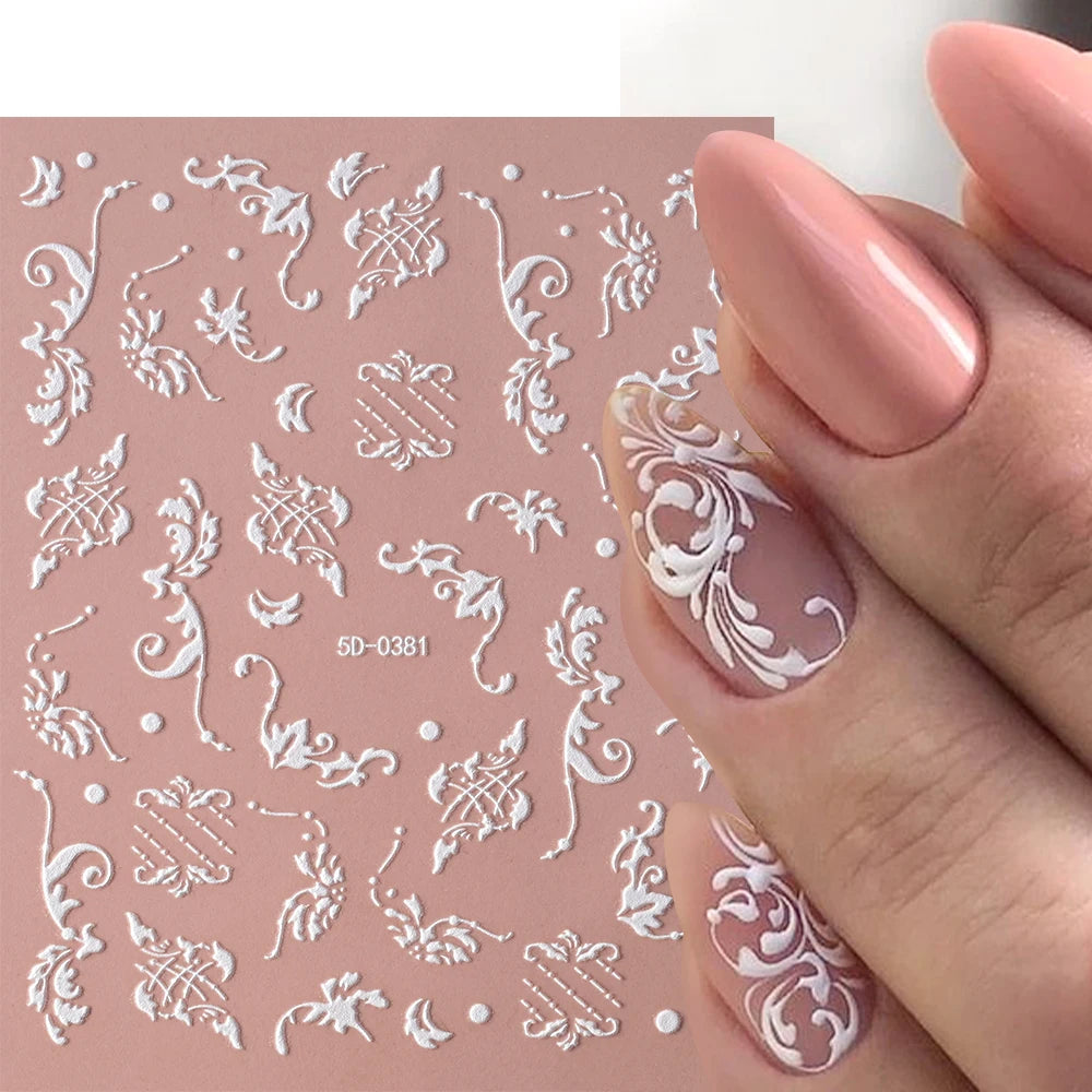 1 Stück 5D geprägte weiße Spitze Blume Nail Art Aufkleber Acryl Blumen Blatt Schmetterling Charme selbstklebende Schieber 10 * 8 cm Maniküre Aufkleber