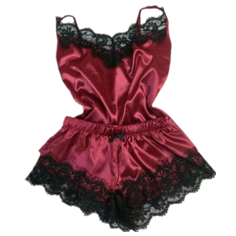 Mode Nachtwäsche Spitzen besatz Satin Cami Top Pyjama Sets sexy heiße erotische Home Wear Frauen Pyjamas Frauen Nachtwäsche ärmellosen Riemen