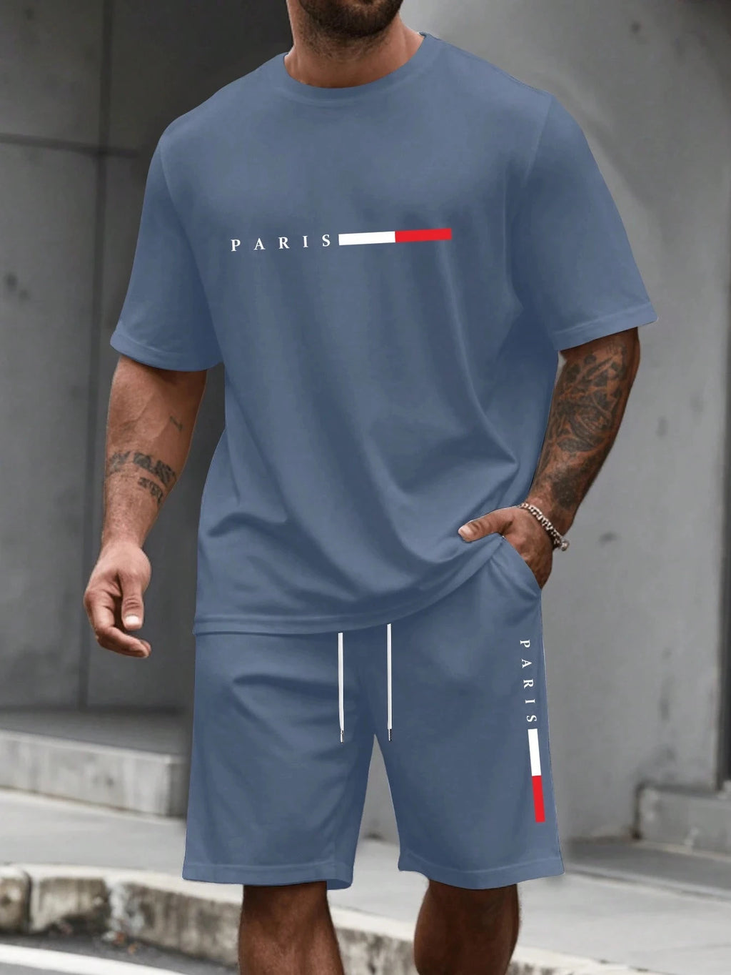 Paris-Buchstaben-Print Herren Frühling und Sommer Zweiteiler Set Lässiger Rundhals Kurzarm T-Shirt Shorts Sportanzug Bedruckte Kleidung