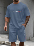 Paris-Buchstaben-Print Herren Frühling und Sommer Zweiteiler Set Lässiger Rundhals Kurzarm T-Shirt Shorts Sportanzug Bedruckte Kleidung
