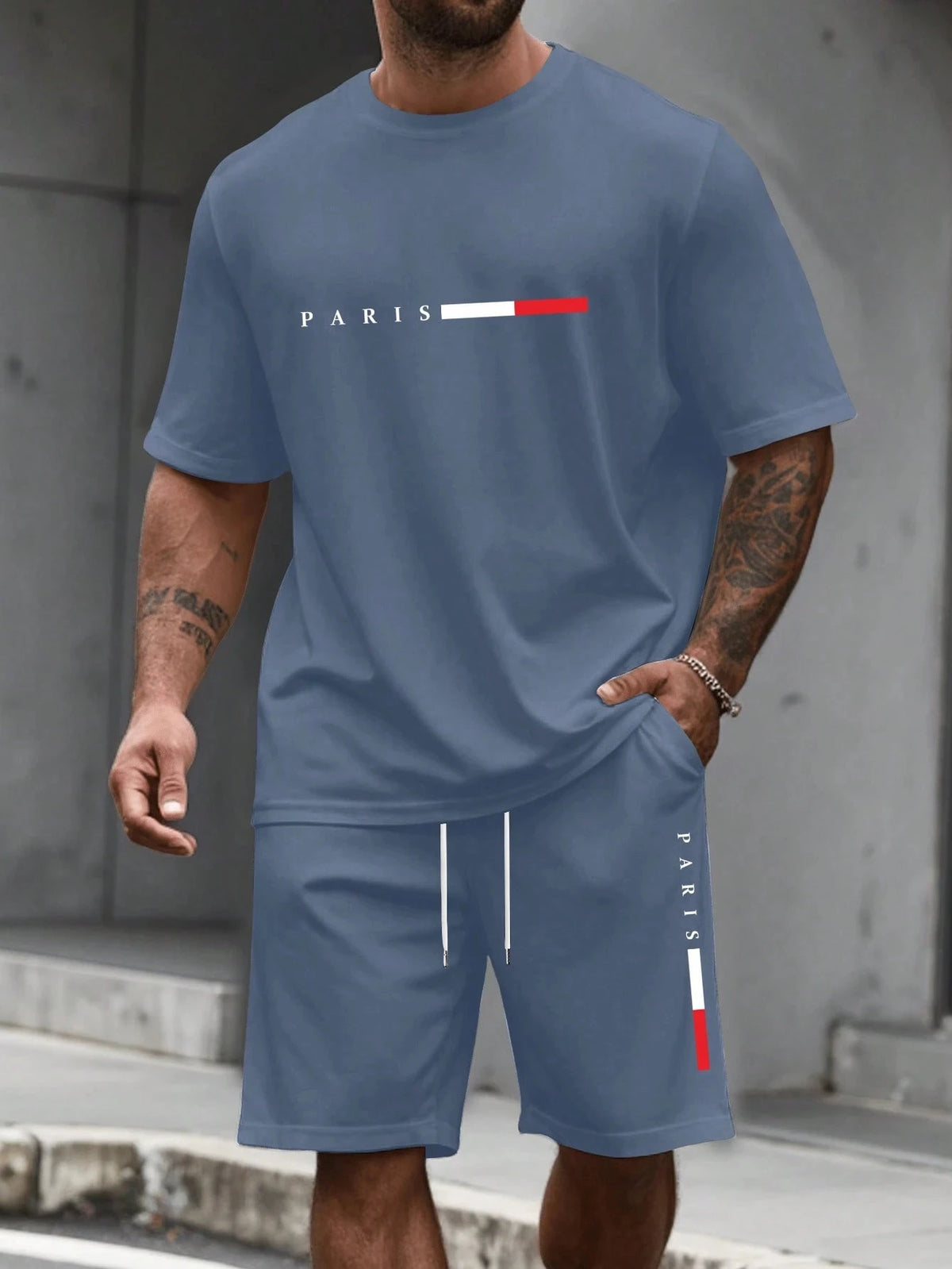 Paris-Buchstaben-Print Herren Frühling und Sommer Zweiteiler Set Lässiger Rundhals Kurzarm T-Shirt Shorts Sportanzug Bedruckte Kleidung