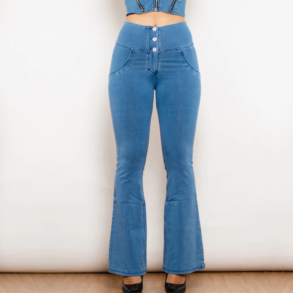 Shascullfites Melody Hellblaue, ausgestellte Lift-Jeggings, Button-Up-Jeans, formende Jeans für Damen, hohe Taille, Flare-Jeans
