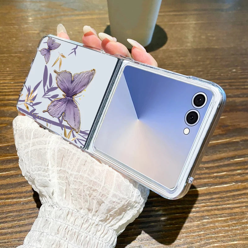Blaue Blumen Muster Handyhülle für Samsung Galaxy Z Flip 7 FE 6 5 4 3 5G Hard PC Transparent Folding Cover für Samsung Z Flip7