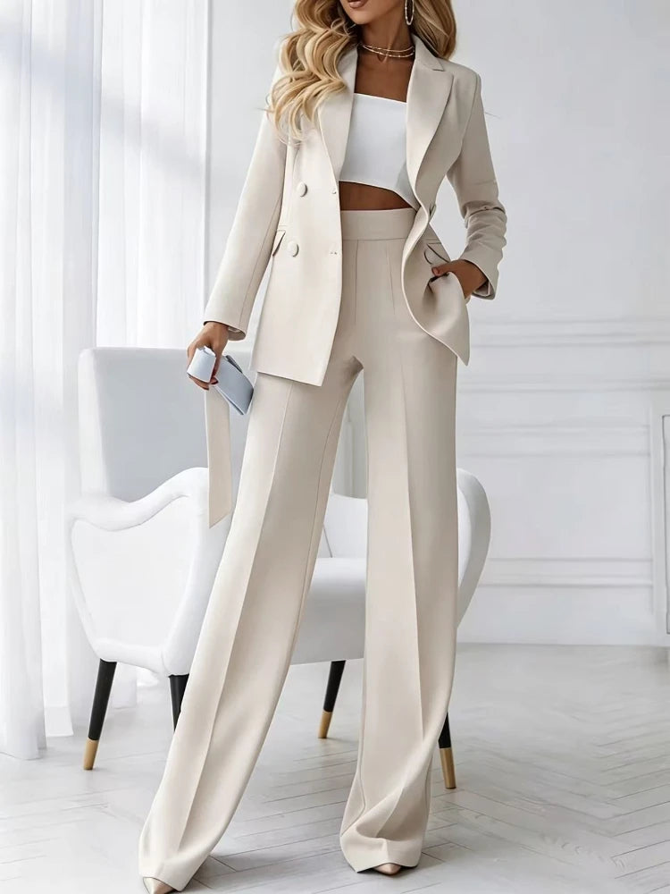 Maßgeschneiderte Damen-Hosenanzüge mit Jacke, 2-teilig, Doppelreihiger Blazer mit spitzem Revers, schmal geschnitten, elegantes Büro-Set für Damen, kompletter Blazer-Anzug