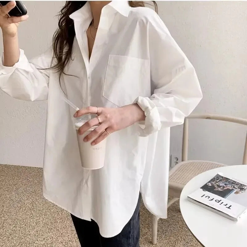 2026 büro Dame Elegante Weiße Casual Plus Größe Blusen Mode Baumwolle Langarm Frauen Hemd Turndown Kragen Tops