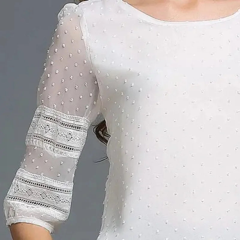 Damenoberteile, modische Bluse, halbe Ärmel, Chiffon-Hemden, Spitzennähte