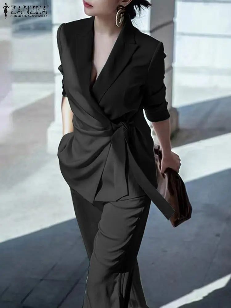 Zanzea Herbst elegant ol Arbeits anzug Frauen Blazer & weites Bein Hose Sets Mode 2 Stück Trainings anzüge Damen Büro Outfits Overs ize 2024
