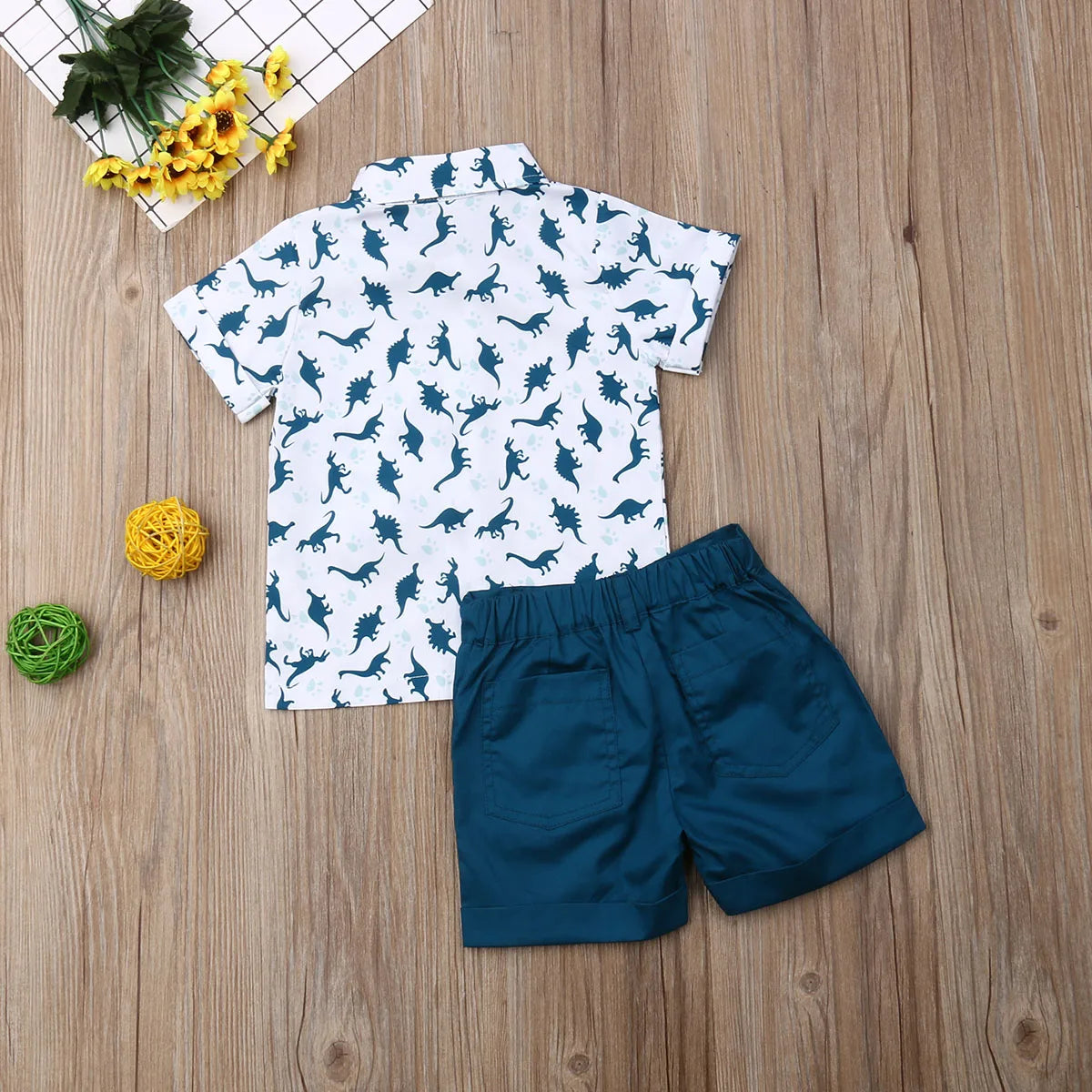 Sommer Kinder Kleidung Set Infant Cartoon Dinosaurier Druck Kurzarm Shirt + Einfarbig Shorts Kind Kleinkind Jungen Outfit
