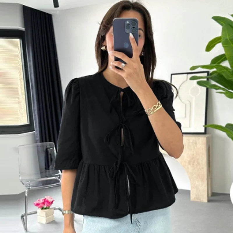 HXAO Crop Bow Bluse Damen-Hemd, Herbst 2022, lockeres schwarz-weißes Leoparden-Hemd, modische Ausschnitte, Schnür-Puff-Kurzarmhemden