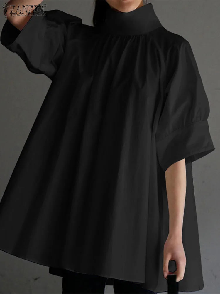 Mode solide plissierte Bluse Zanzea Overs ize Shirt Frauen elegante High Neck Halbarm Bluse Sommer Tops Arbeit Urlaub Blusas