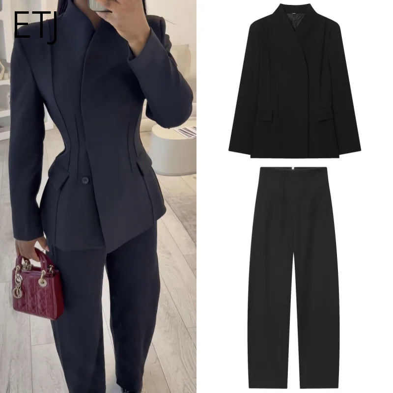 ETJ 2025 Damen-Anzugjacke im neuen Modedesign, dreidimensionaler Schnitt, hoher Kragen, schmale Anzugjacke und passende Freizeithose