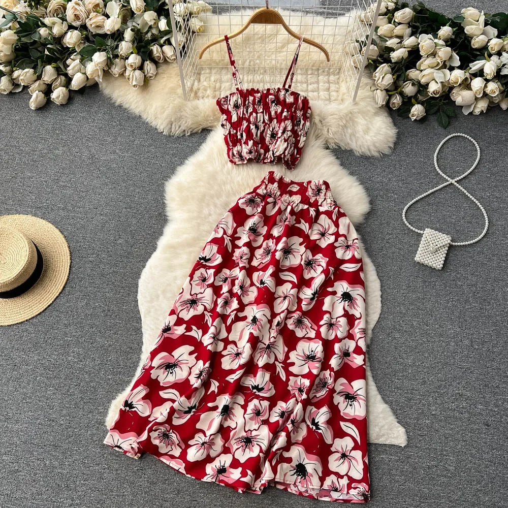 2026 Urlaubs-Blumendruck, zweiteilige Anzüge, Reißverschluss-Design, schmales Tank-Top + A-Linie, langer Rock, Vintage-Böhmische Strand-Sets