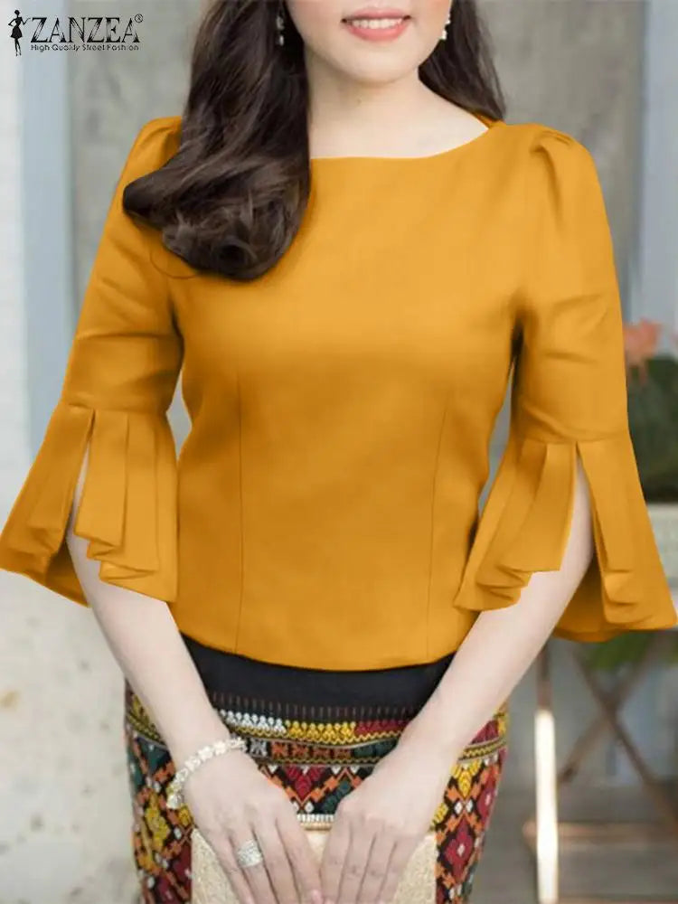 ZANZEA Frauen Elegante Party Bluse Sommer Puff 3/4 Hülse Tops Hemd 2024 Fashion Solid Boot-ausschnitt Tunika Koreanische Büro Dame blusas