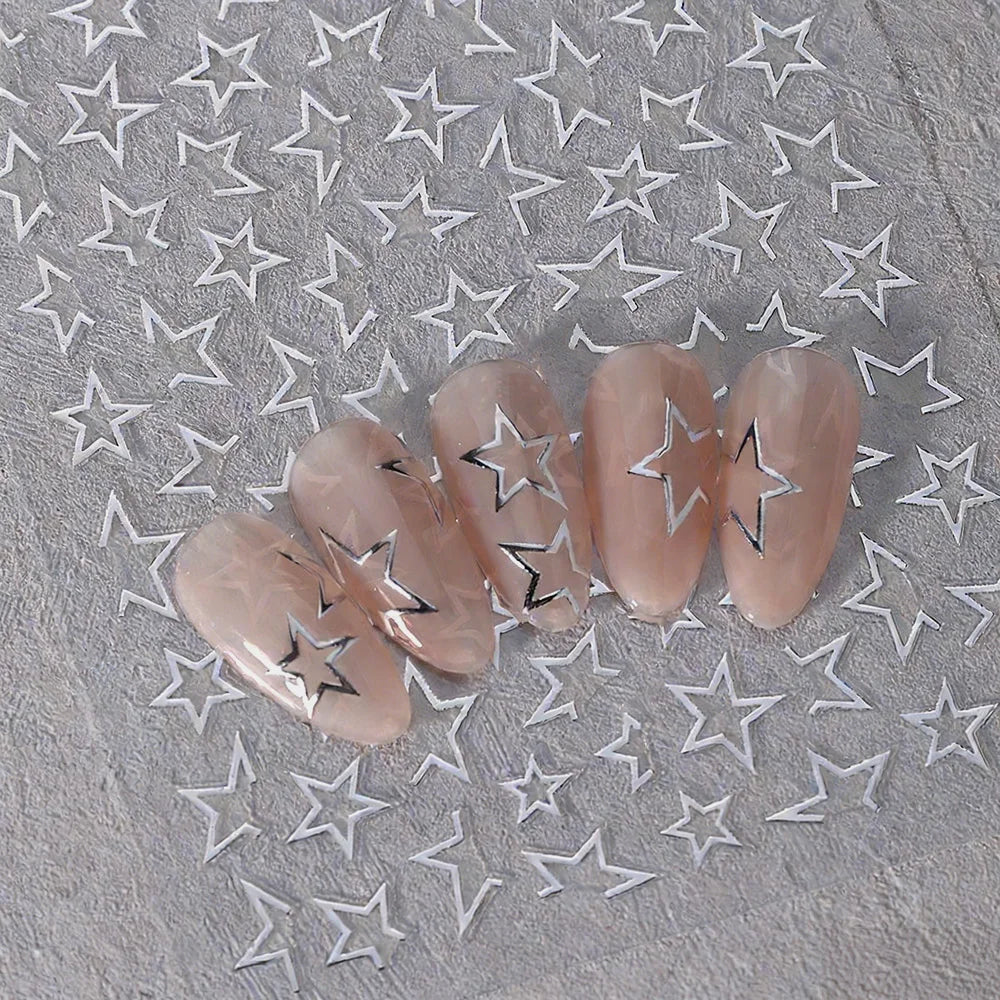 1 Blatt Goldene Hohlstern-Nagelkunst-Aufkleber Glänzende Bronzefarbene Gold-Silber-Linien Große Stern-Nagelaufkleber Y2K-Stil Maniküre Slider Wraps