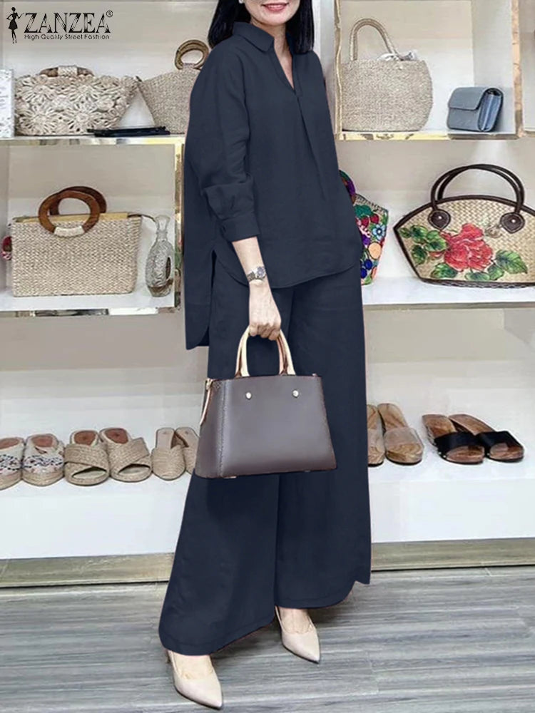 ZANZEA Frühling 2 stücke Outfits Frauen Hosen Anzüge Langarm Bluse Hose Sets Solide Arbeit Trainingsanzug Beiläufige Lose Passenden Set 2025