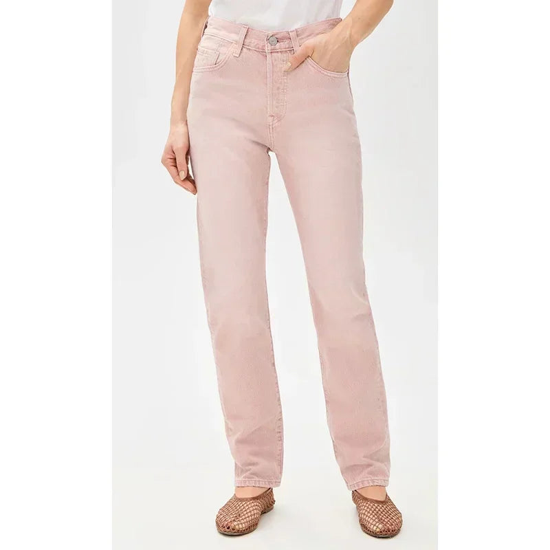 2025 Dame Chic Mode Gerade Bein Jeans Frauen Slim Fit Stretch Hohe Taille Denim Hosen Weibliche Retro Rosa Beige Günstige Hosen