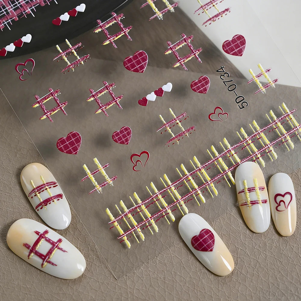 1 Stück 5D Süße Herz-Karo-Präge-Nagelkunst-Sticker, karierte Liebesherzen im koreanischen Stil, französische Nagel-Abziehbilder, Maniküre-Dekorationen