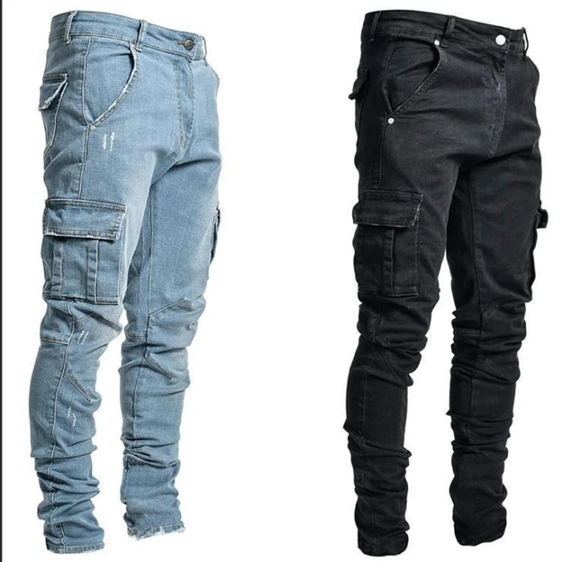 Stilvolle Flut Marke Männer Cargo Schmale Bein Denim Hosen Elastische Slim Fit Jeans Einfarbig Multi Taschen Beiläufige Dünne Männliche Hosen