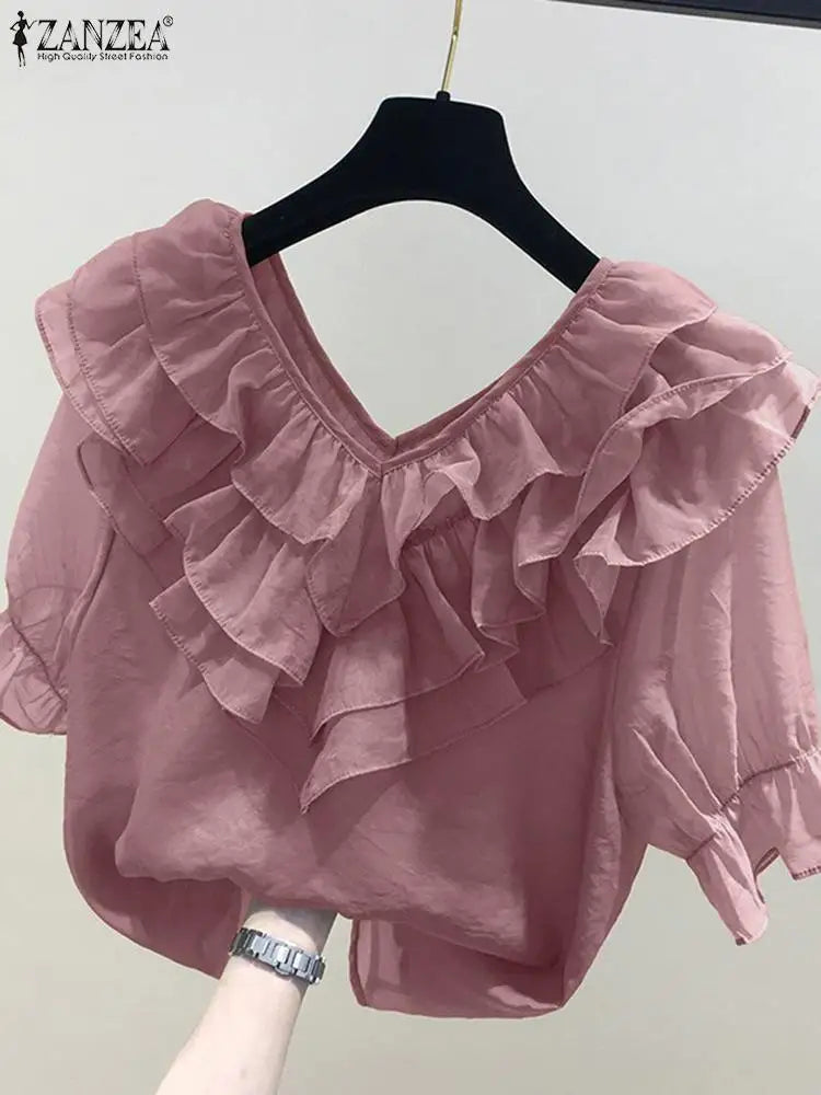 ZANZEA Frauen Feste Rüschen Bluse Vintage 3/4 Ärmel V-ausschnitt Chemise 2024 Sommer Büro Chiffon Shirts Casual Lose Nähte Tops