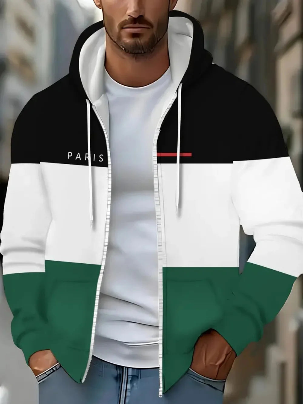 Lässiges, gestreiftes Herren-Sweatshirt mit Kapuze und durchgehendem Reißverschluss, Outdoor-Kleidung, glatte Kapuzentaschen mit Kordelzug, einfache gestreifte Sportbekleidung für Herren