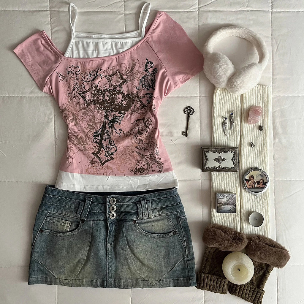 Y2K Harajuku Damen Millennium Kurzarm Top Harajuku Rosa Bedruckt Lässige Mode Street Style Süß Sexy Millennium Style